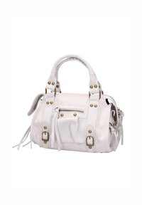 Kleine witte leren handtas met dubbele handgrepen, gouden hardware accenten, een voorste ritsvak en zijfranjes. Textuurafwerking inclusief stiksels.