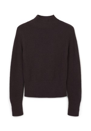 Pullover marrone scuro realizzato in materiale morbido con collo alto, maniche lunghe e polsini e orlo a coste. Design cropped.