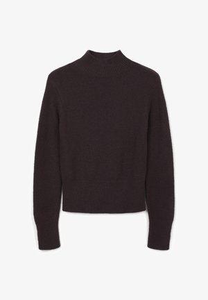 Pullover marrone scuro realizzato in materiale morbido con collo alto, maniche lunghe e polsini e orlo a coste. Design cropped.