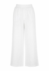 Witte linnen broek met wijde pijpen, een elastische tailleband en twee zijzakken, met een soepele textuur en een ademend ontwerp.