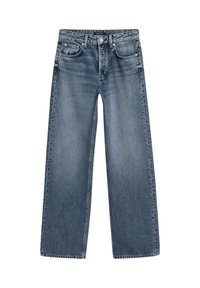 Jeans a vita alta e gamba larga in denim blu medio con un finish sbiadito, design a cinque tasche e chiusura con bottone in tonalità argento.