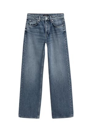 Hoge taille wijde spijkerbroek in medium blauwe denim met een vervaagde afwerking, vijf pocketdesign en zilverkleurige knoopsluiting.