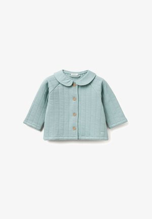 Gepolsterte hellblaue Jacke mit rundem Kragen, langen Ärmeln und Holzknöpfen, mit vertikaler gesteppten Textur.