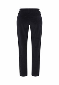Marineblauwe corduroy broek met een slim fit, voorzien van voorkruiken en een rechte pijp, ontworpen met een gladde textuur en subtiele ribbels.