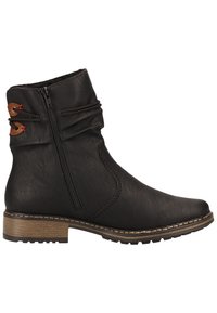 Black leather ankle boot with a side zipper, gathered upper, brown accents, and a textured rubber sole with a low heel.
