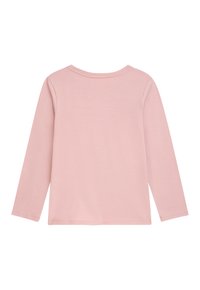 Langärmliges, pinkes Baumwoll-T-Shirt mit Rundhalsausschnitt, glatter Textur und genähten Säumen. Rückansicht, ohne Grafiken oder Verzierungen.