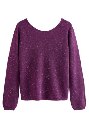 Pull violet à manches longues en tricot avec un motif subtil moucheté argenté et un large col arrondi.
