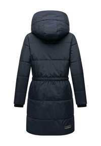 Navy blue padded coat with a hood, cinched waist, and long sleeves. Textured material with horizontal stitching and logo detail near the hem.