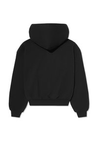 Hanorac negru cu glugă, din amestec moale de bumbac, cu manșete și tiv striate, croială lejeră, fără logo-uri sau modele vizibile, văzut din spate.