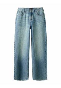 Svetlomodré rifle s širokými nohavicami vyrobené z denimu. Obsahujú päť vreciek, predný zips a zapínanie na gombík. Vyblečané časti na nohách.