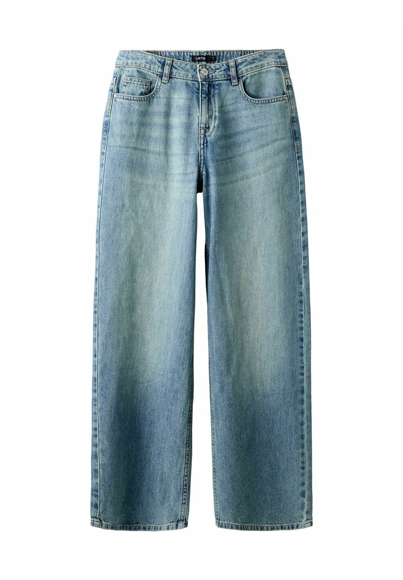 Vaalean siniset leveälahkeiset farkut, jotka on valmistettu denimistä. Ominaisuuksiin kuuluu viisi taskua, edessä vetoketju ja napin suljenta. Lahkeissa on haalistuneita kohtia.