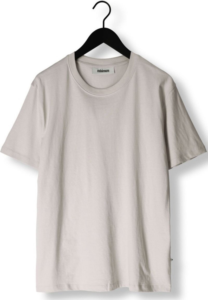 T-shirt grigio chiaro a maniche corte in cotone, esposto su un appendiabiti nero. Presenta un collo a giro e un design a vestibilità ampia.