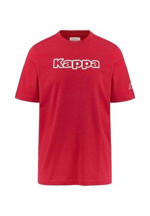 T-shirt rossa a maniche corte con logo bianco "Kappa" stampato sul petto e piccolo logo sulla manica sinistra, scollo rotondo.