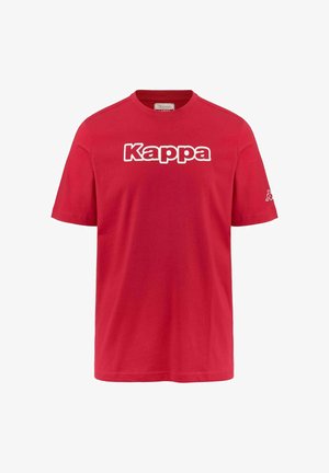 T-shirt rossa a maniche corte con logo bianco "Kappa" stampato sul petto e piccolo logo sulla manica sinistra, scollo rotondo.