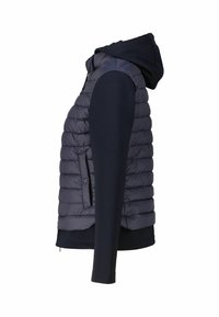 Navy puffer vest with a hood. Features quilted texture and side pockets. Long sleeves in matching fabric attached to the body.