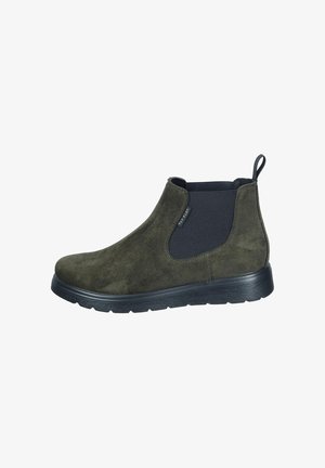 Dunkelgrüne Wildlederschuhe bis zur Knöchel mit elastischen Seitenteilen, Ziehschlaufe an der Rückseite und schwarzen Gummisohlen. Glatte Textur und runde Zehenform.