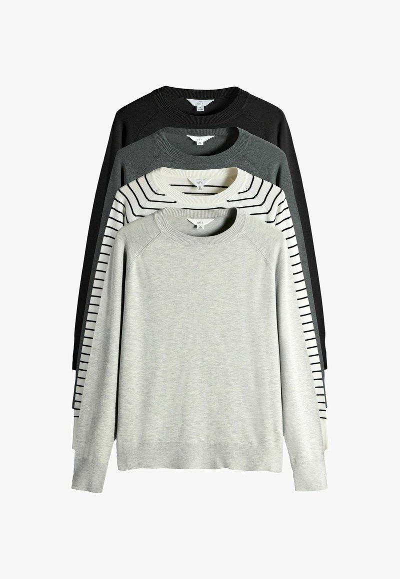 Drei Pullover vertikal gestapelt; die Farben sind Schwarz, Dunkelgrau und Hellgrau mit einem schwarz-weißen Streifenmuster. Weiches Material, Rundhalsausschnitt.