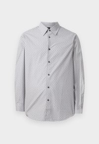 Langermet skjorte med knapper i lys grå med et lite svart geometrisk mønster, med spiss krage og svarte knapper.