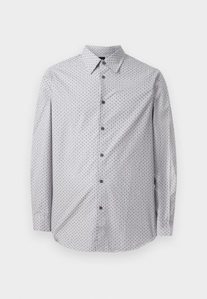 Srajca z dolgimi rokavi in gumbom svetlo siva z majhnim črnim geometrijskim vzorcem, z ošiljenim ovratnikom in črnimi gumbi.