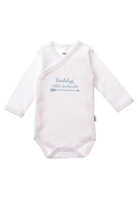 White long-sleeve baby onesie with wrap-around design and snap closures. Text in light blue reads "Daddys little Soulmate" with an arrow.
