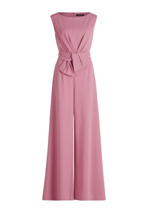 Sleeveless pink jumpsuit with a fitted bodice, draped waist, and wide-leg trousers. Made from soft fabric with a smooth texture.