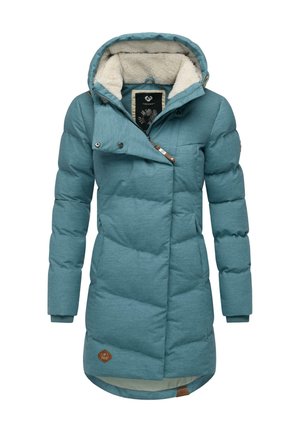 Teal pufferjas met een afneembare capuchon, voorzien van een nep bont voering, asymmetrische rits en leren logo patch aan de onderkant.