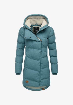Cappotto imbottito color verde acqua con cappuccio rimovibile, dotato di fodera in pelliccia sintetica, zip asimmetrica e patch in pelle con logo sull'orlo.