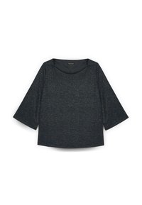 Top dark blue dintr-un material texturat, cu decolteu rotund și mâneci până la jumătatea antebrațului, design simplu cu un luciu subtil.