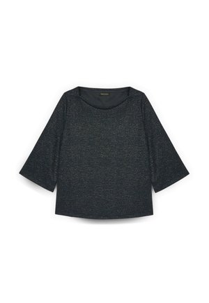 Top de color azul oscuro hecho de tejido texturizado, con cuello redondo y mangas tres cuartos, diseño sencillo con un brillo sutil.
