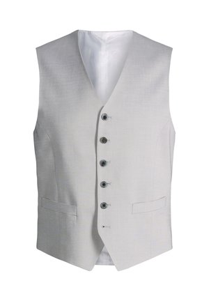 Gilet grigio chiaro senza maniche con cinque bottoni e due tasche frontali orizzontali, caratterizzato da scollo a V e tessuto dalla trama liscia.