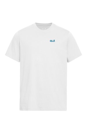 T-shirt en coton blanc avec un col rond, des manches courtes et un petit logo bleu "Jack Wolfskin" sur le côté gauche de la poitrine.