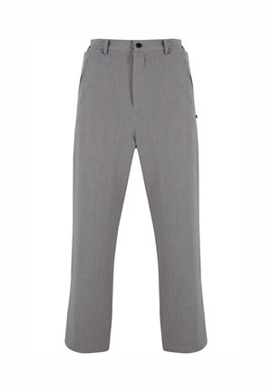 Szare dopasowane spodnie o gładkiej fakturze, z zapięciem na guzik, szlufkami na pasek i dwoma bocznymi kieszeniami. Prosty krój nóg.