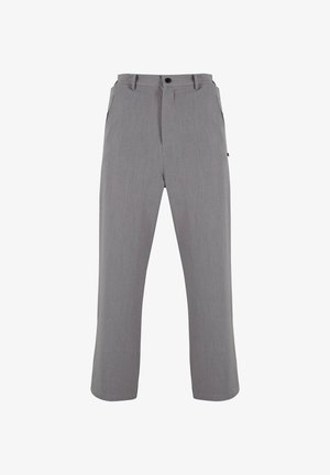 Szare dopasowane spodnie o gładkiej fakturze, z zapięciem na guzik, szlufkami na pasek i dwoma bocznymi kieszeniami. Prosty krój nóg.