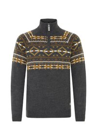 Grå sweater med en kvart lynlås, der har et geometrisk mønster i brun og hvid over brystet. Strikket tekstur og ribbede manchetter.