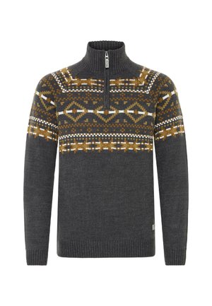 Grå sweater med en kvart lynlås, der har et geometrisk mønster i brun og hvid over brystet. Strikket tekstur og ribbede manchetter.