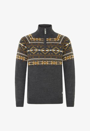 Szary sweter z ćwierć zamkiem, z geometrycznym wzorem w brązowym i białym kolorze na klatce piersiowej. Dzianinowa tekstura i ściągacze na rękawach.