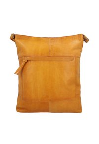 Borsa a spalla in pelle gialla con tasca frontale con zip, texture liscia e design minimalista. Dispone di una tracolla per il trasporto.