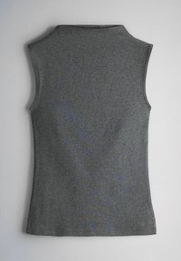 Sleeveless gray top with a high round neckline, shown from the back on a plain light background.