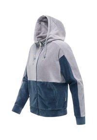 Giacca con cappuccio e zip in velluto a coste grigio chiaro e blu scuro, caratterizzata da una texture a coste, tasche laterali e cordini regolabili sul cappuccio.