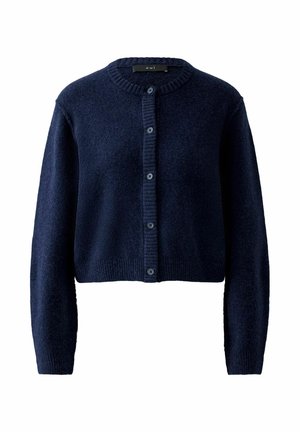 Marineblauer Cardigan aus weichem Strickstoff, mit Rundhalsausschnitt, vorn mit Knöpfen zu schließen und mit gerippten Bündchen sowie Saum.