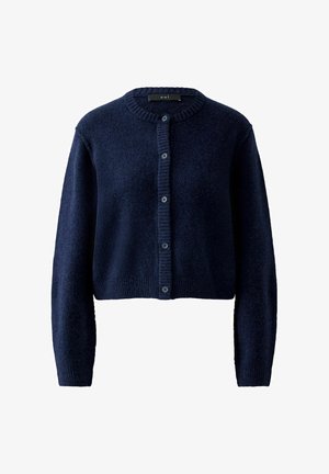 Marineblauer Cardigan aus weichem Strickstoff, mit Rundhalsausschnitt, vorn mit Knöpfen zu schließen und mit gerippten Bündchen sowie Saum.