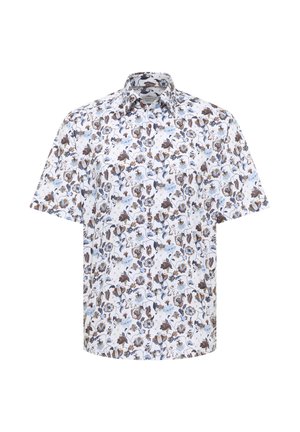 Kurzärmliges Hemd zum Knöpfen mit weißem Hintergrund und einem Blumenmuster in Blau-, Braun- und Schwarztönen.