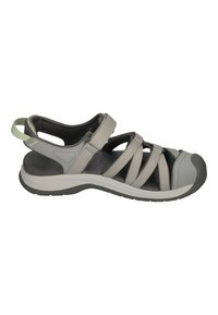 Gray outdoor sandal with a closed toe, elastic straps, padded interior, and rubber sole. Designed for comfort and breathability.