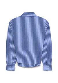 Camicia a maniche lunghe a righe blu e bianche con colletto, caratterizzata da polsini con bottoni e un orlo curvo. Tessuto morbido al tatto.