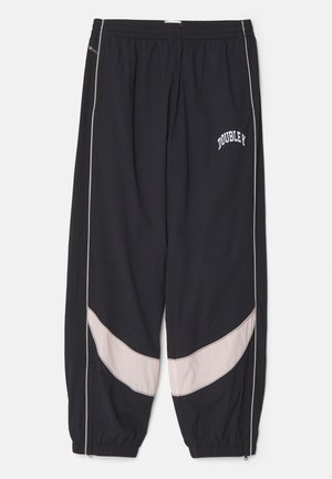 Svarte treningsbukser med beige detaljer, med elastisk midje, sidelommer og brodert "DOUBLE" tekst. Struktureret stoff.