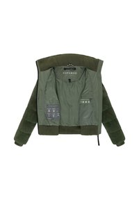 Veste bombardier verte avec col et poignets côtelés. L'intérieur présente une doublure lisse et des instructions d'entretien imprimées sur le tissu. Fermeture à glissière.