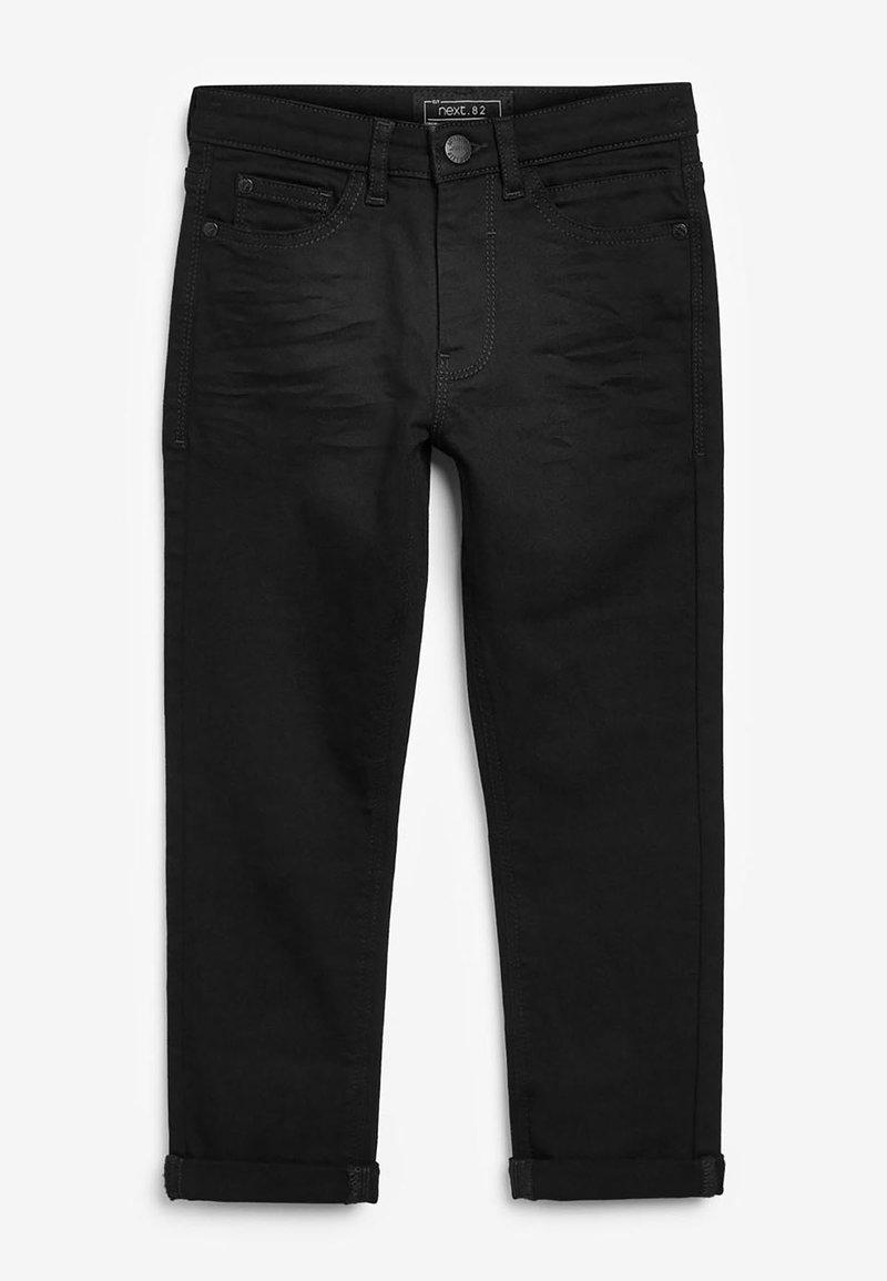 Jean slim noir avec cinq poches, fermeture bouton et zip, ourlets retroussés, posé à plat sur fond blanc.