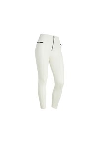 Leggings blancos de diseño ceñido, con cremallera frontal y dos bolsillos con cremallera en las caderas. Textura suave y estilo minimalista.
