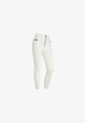 Leggings bianchi dal design aderente, con chiusura frontale con cerniera e due tasche con zip sui fianchi. Tessuto liscio e stile minimalista.