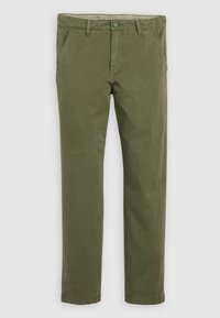 Olive green chinos made of cotton with a smooth texture, featuring a button closure, standard pockets, and straight-cut legs.